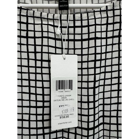 Eileen Fisher Textured Crepe Grid Long Shell  XXS Bateau-Neck Black White - Picture 6 of 6